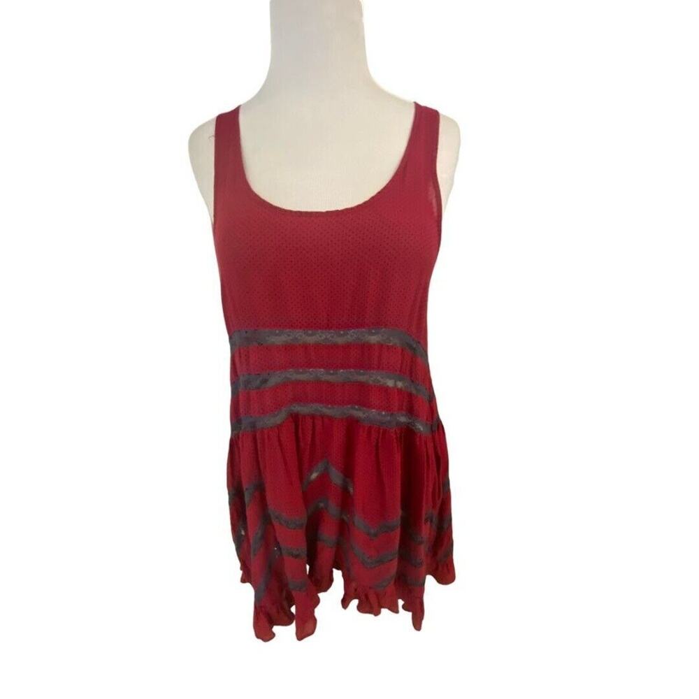 Small Intimately Free People Red Gray Voile Lace Trapeze Slip Dress
